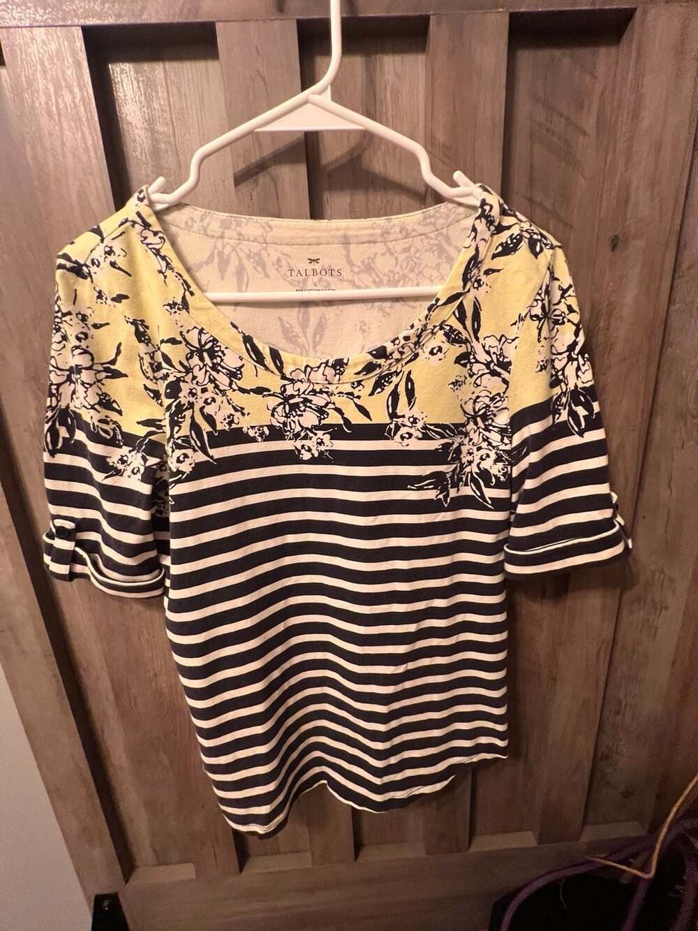 Talbots Women's Floral and Striped Cotton Blend Elbow Sleeve Top with Roll-Up Ta